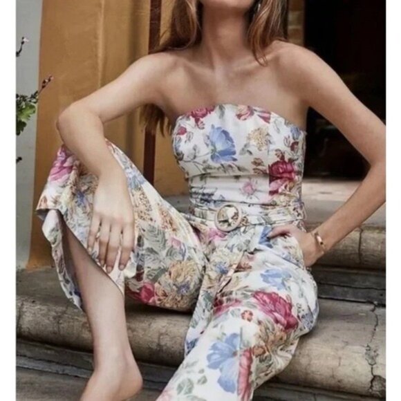Anthropologie Pants - NWT‎ WAYF Anthropologie Floral Tube Belted Jumpsuit LARGE Strapless Wide Leg